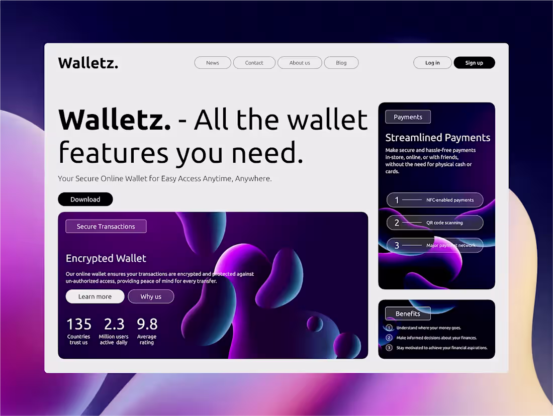 Cover image for Walletz | Digital Wallet Landing Page Design