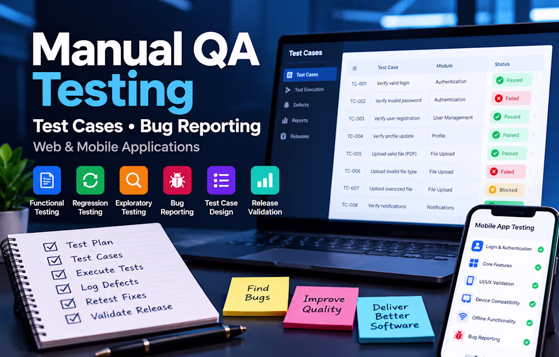 Cover image for Manual QA Testing, Test Cases & Bug Reporting