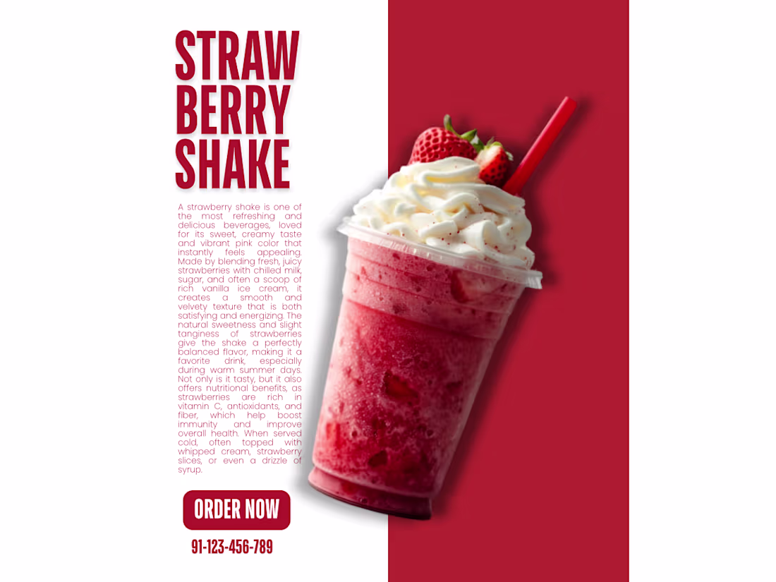 Cover image for Fresh Strawberry Shake
• Bright red