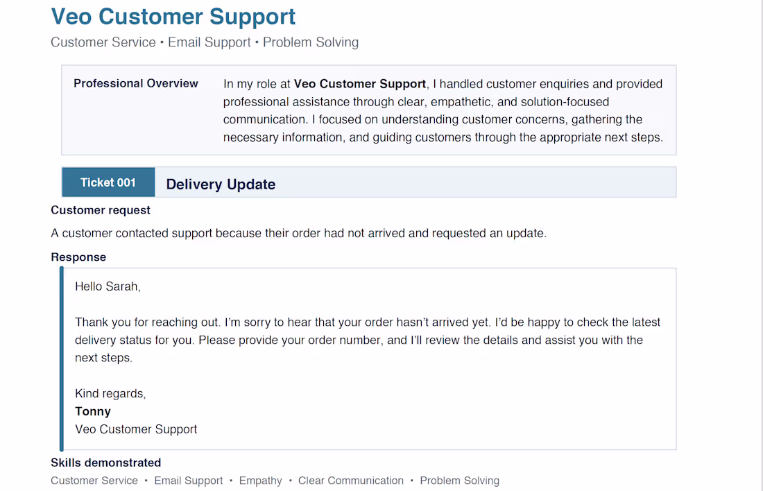 Cover image for Customer Support & Email Handling — Veo Customer Support