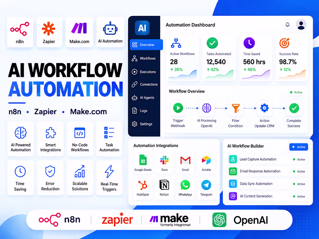 Cover image for You will get AI Workflow Automation with n8n, Zapier & Make.com