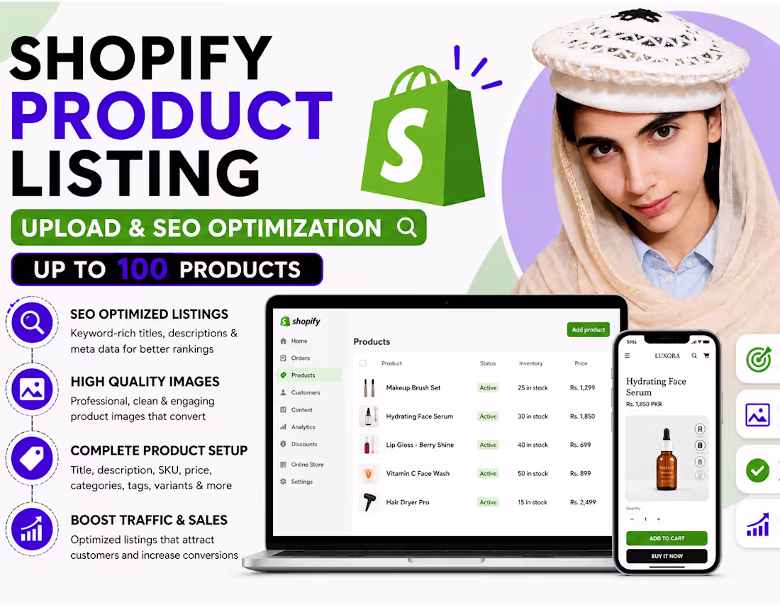 Cover image for Shopify Product Listing, Upload & SEO Optimization – Up to 100 