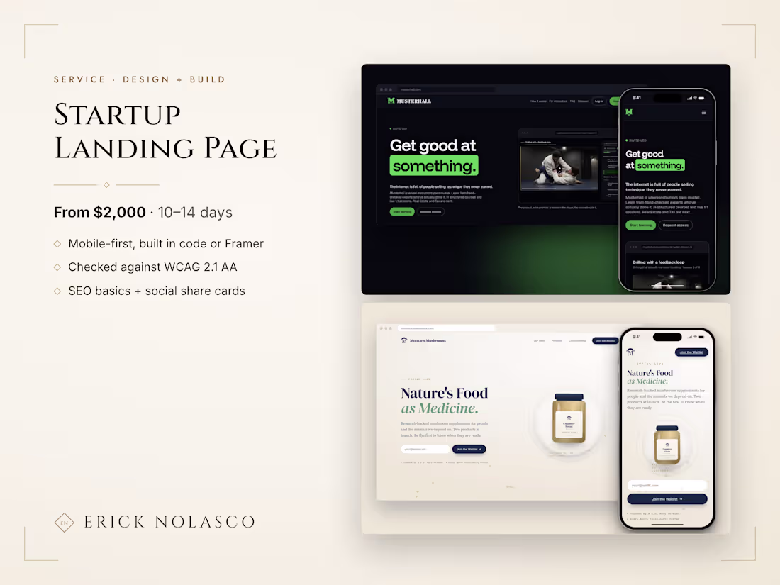 Cover image for Startup landing page, design + build