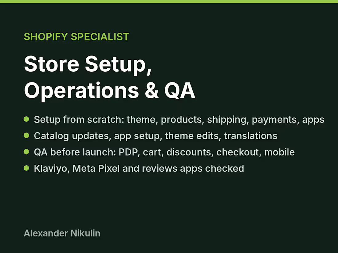 Cover image for Shopify Store Setup, Operations and QA