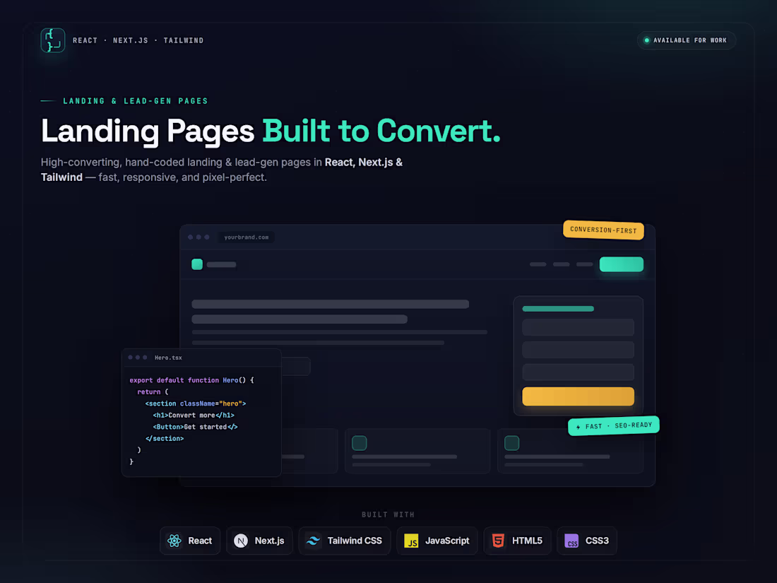 Cover image for Landing & Lead-Gen Pages — React, Next.js & Tailwind