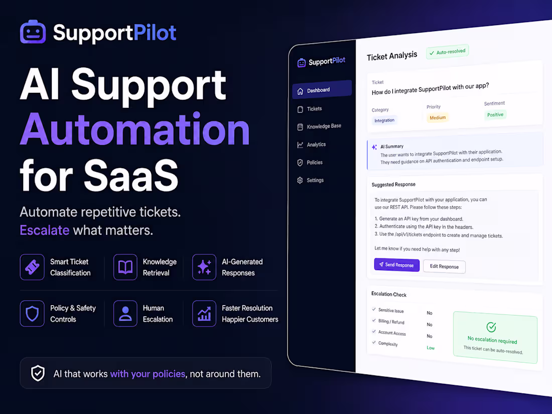 Cover image for SupportPilot — AI Support Automation for SaaS