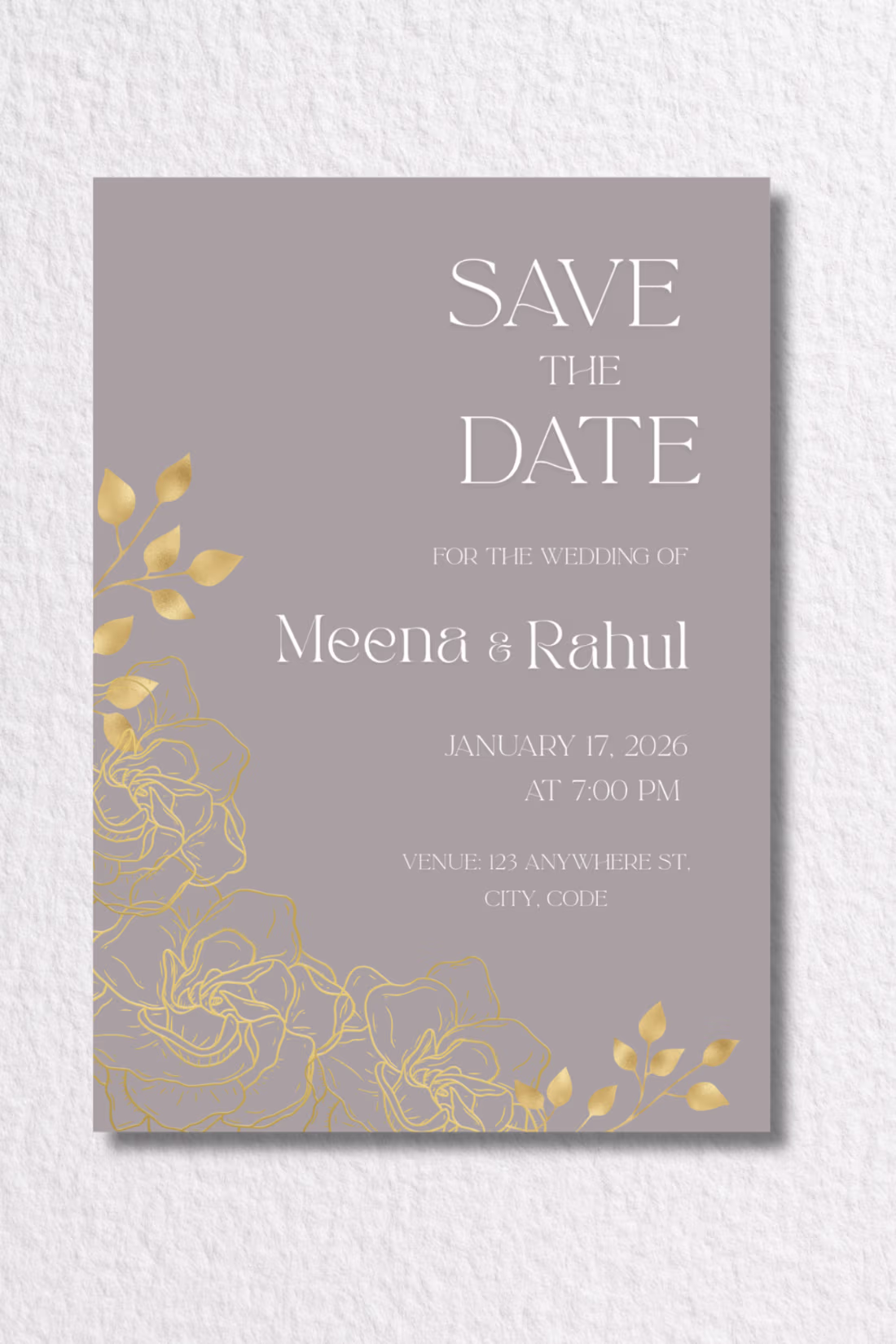 Cover image for Mute color wedding invite with gold florals & petals