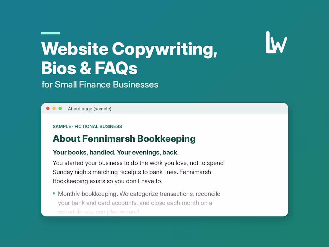 Cover image for Website Copywriting, Bios & FAQs for Small Finance Businesses