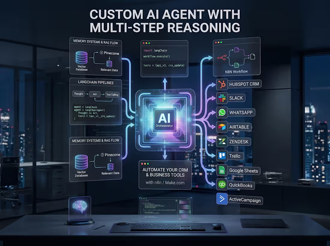Cover image for custom AI agent with multi-step reasoning using LangChain or n8n