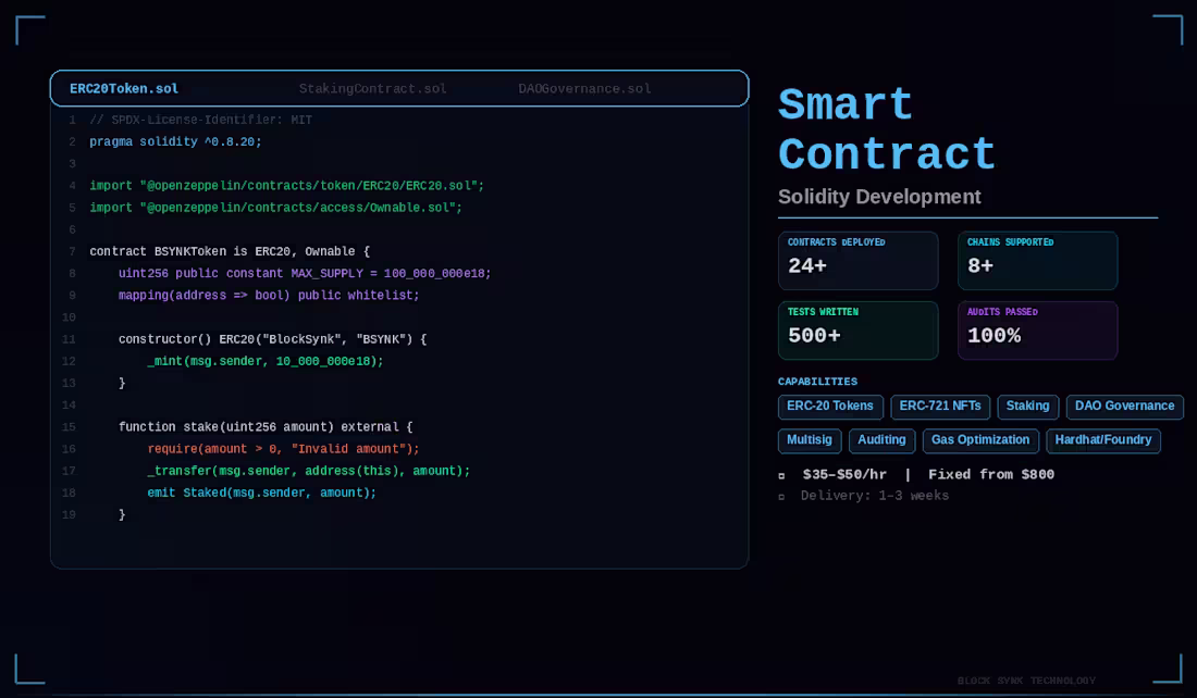 Cover image for Smart Contract Development & Auditing (Solidity)
