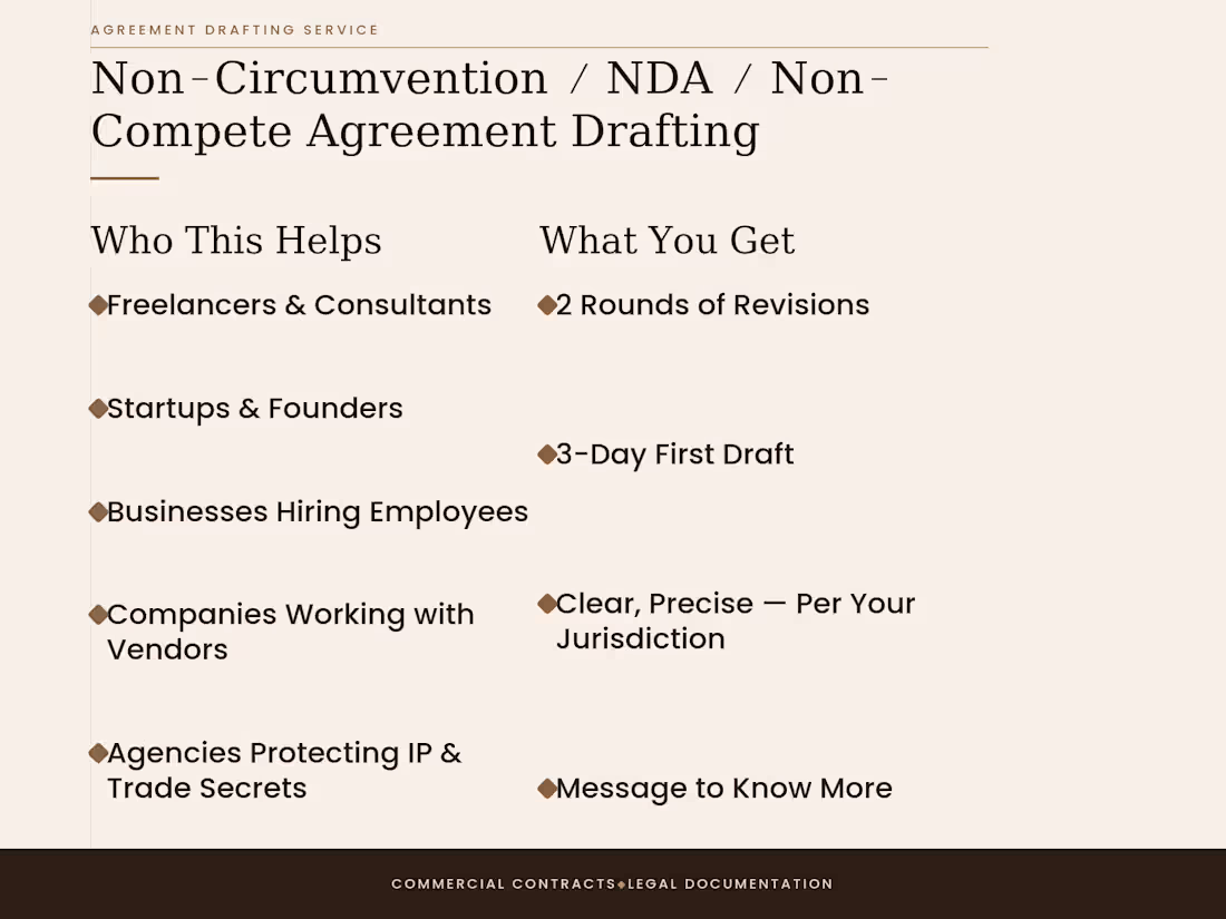 Cover image for Non-Circumvention / NDA / Non-Compete Agreement Drafting