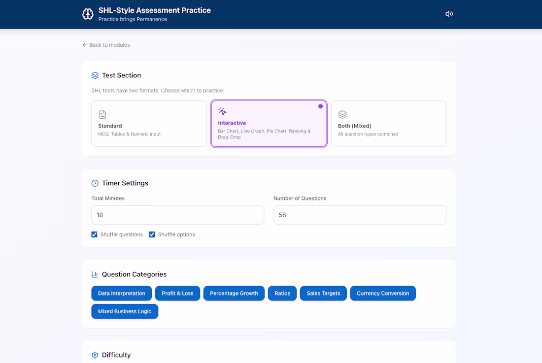 Cover image for SHL-Style Assessment Practice Web App Development