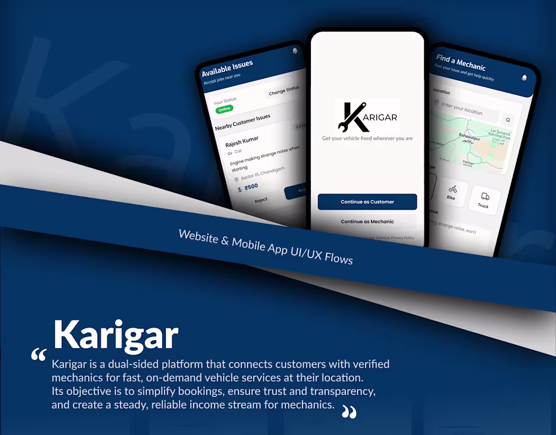 Cover image for Karigar | On-Demand Mechanic Booking Web & App | UX