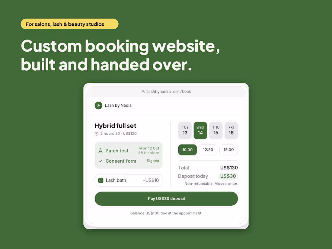 Cover image for Custom booking website for salons and studios (one-time build)