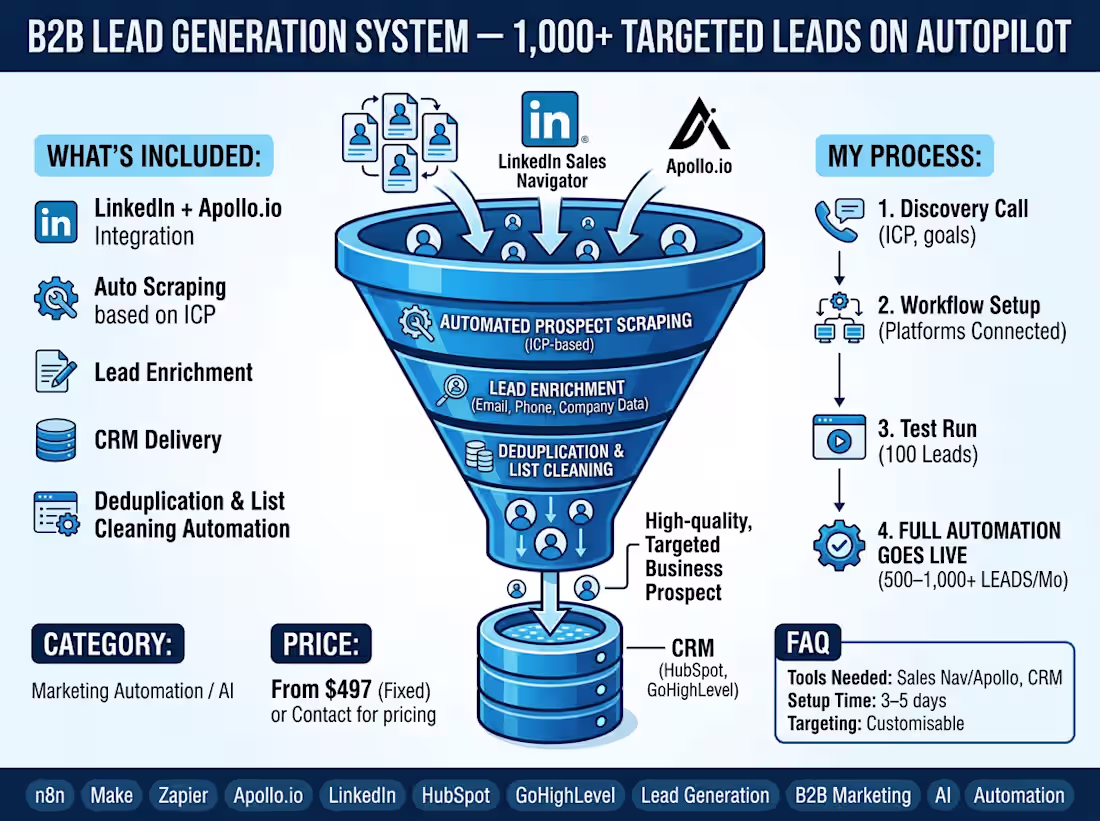 Cover image for B2B Lead Generation System — 1,000+ Targeted Leads on Autopilot