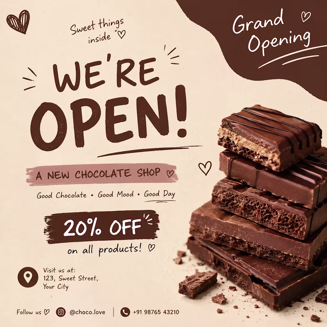Cover image for creative promotional design for a new chocolate shop.