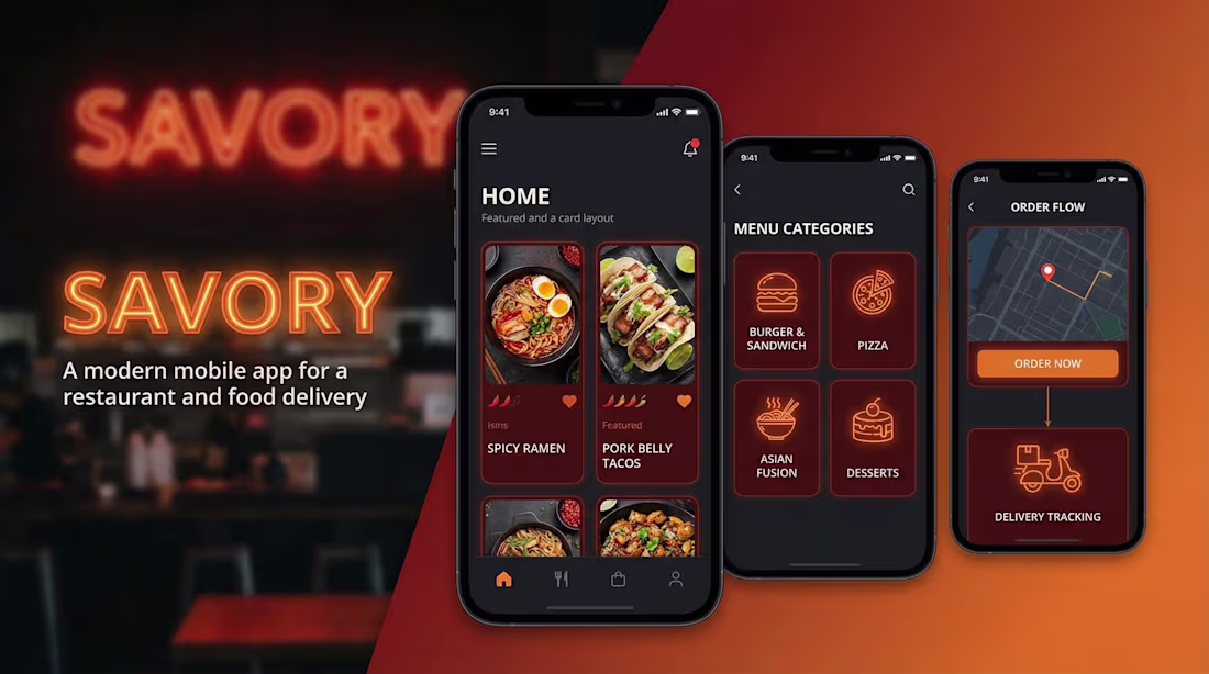 Cover image for Savory
A dark-mode food delivery app
