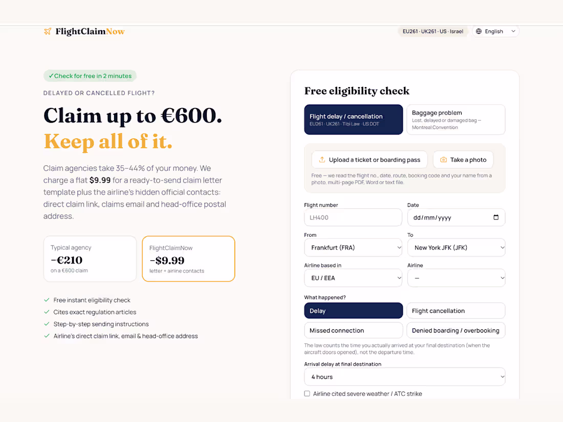 Cover image for FlightClaimNow — Flight Compensation Web
