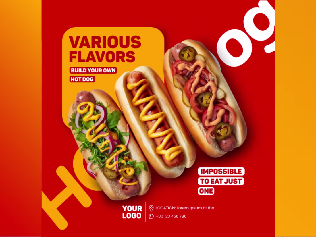 Cover image for Hot Dog Promo Poster Design A bold and mouth-watering hot do...