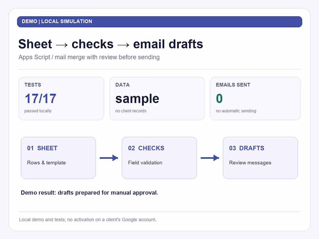 Cover image for Google Sheets to email drafts — with checks and an audit log