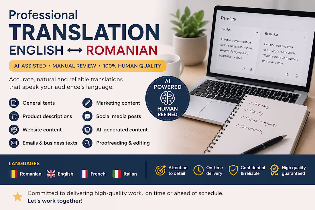 Cover image for English ↔ Romanian Translation & AI-Assisted Proofreading