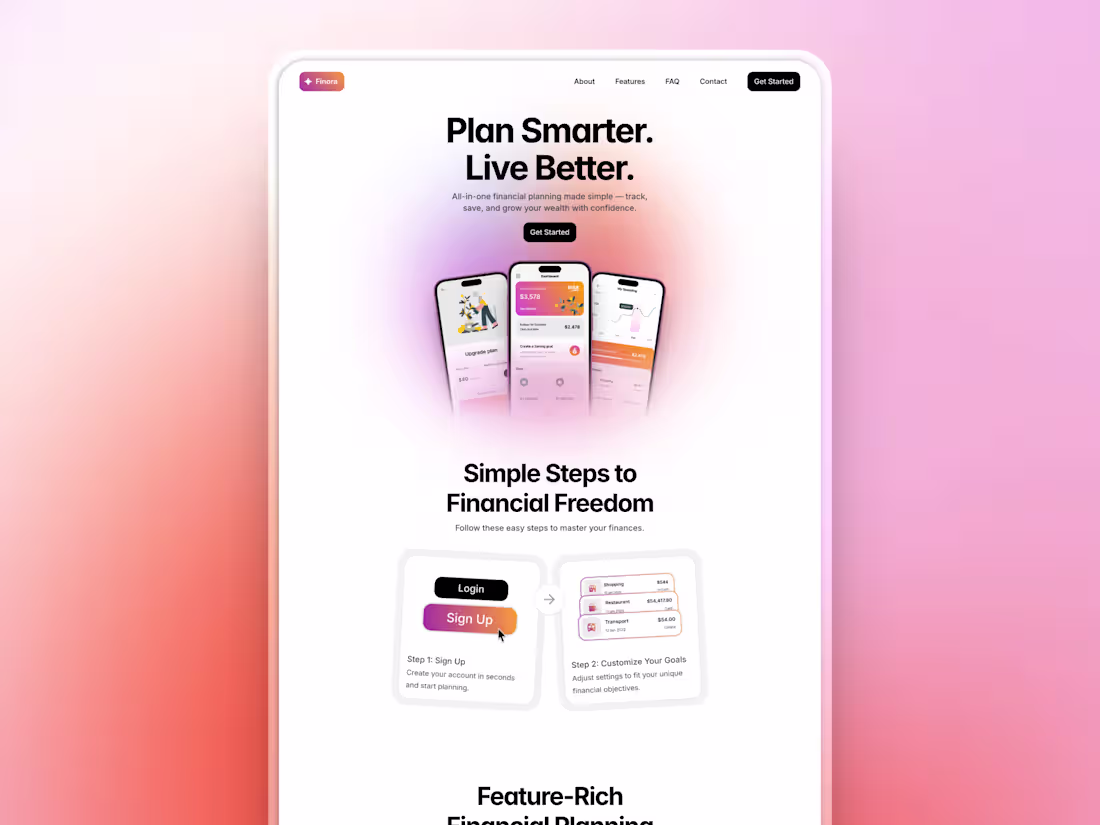 Cover image for Finora Financial Planning App Landing Page Design