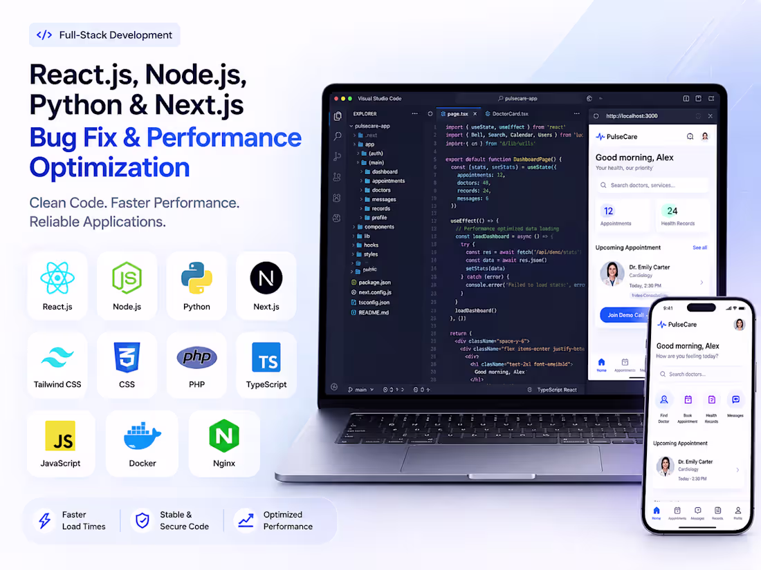 Cover image for React, Python & Next.js, Next Bug Fix & Performance Optimization