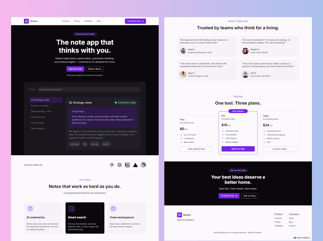 Cover image for Notevo — AI SaaS Website Design & Webflow Development