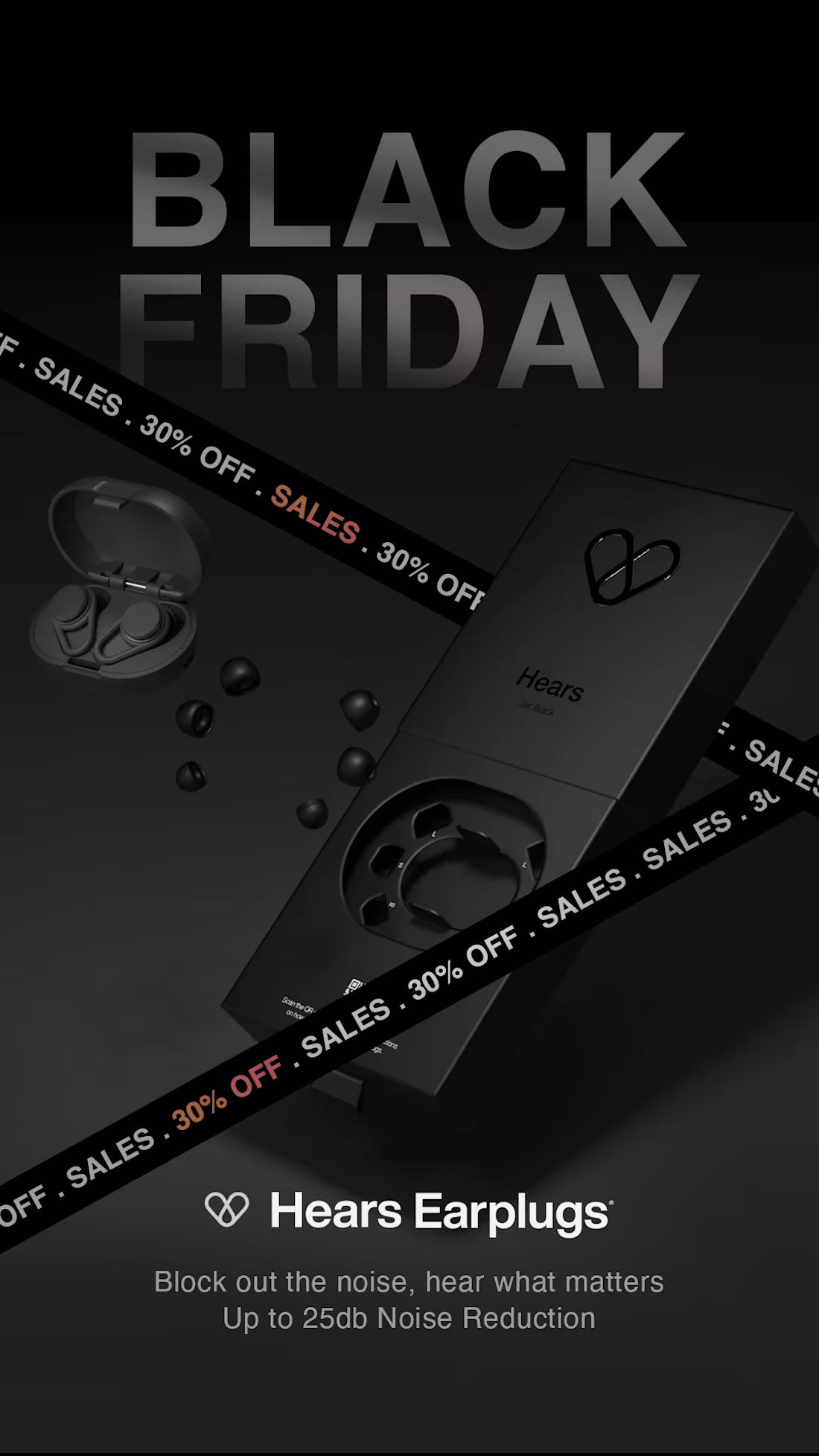 Cover image for Black Friday promotional ad design for an earplug brand. To ...