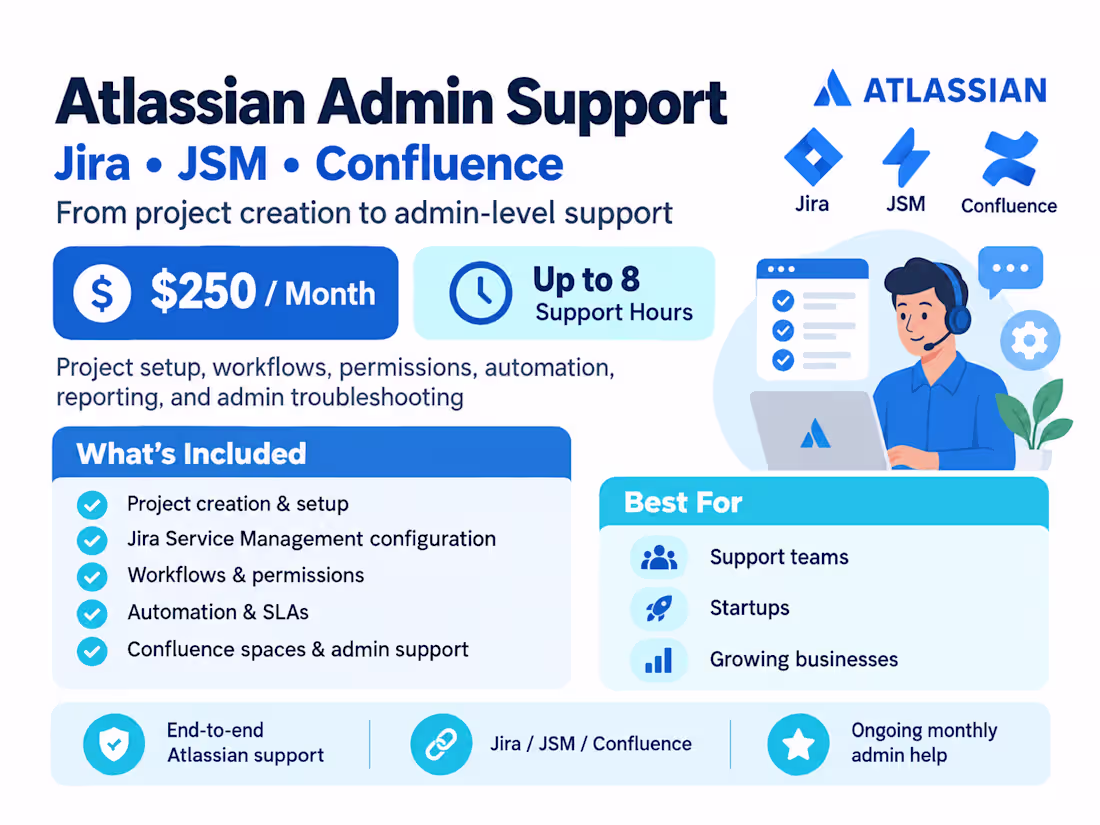 Cover image for Atlassian Jira, JSM & Confluence Administration Support