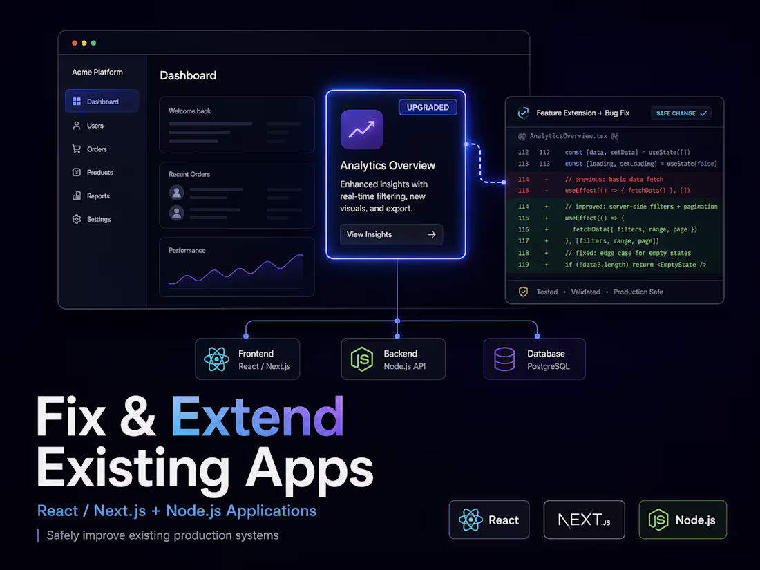 Cover image for Fix & Extend Existing React / Next.js + Node.js Applications