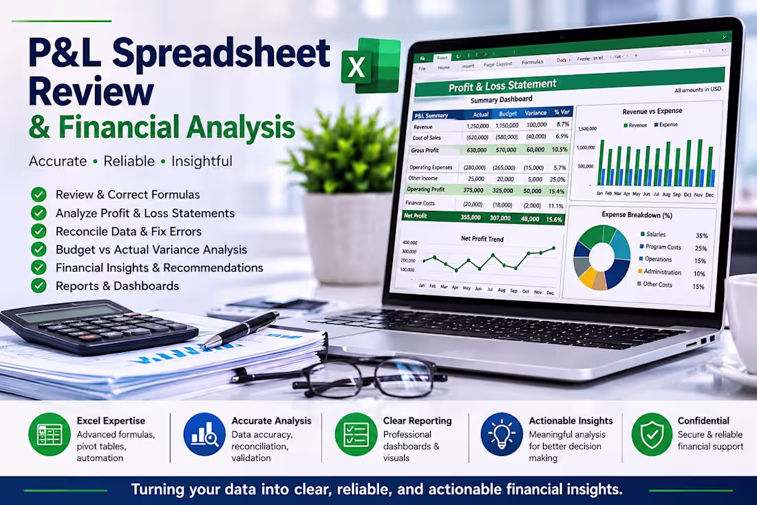 Cover image for Excel Financial Analysis, P&L Review & Budget Reporting