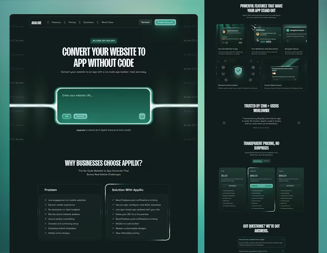 Cover image for Adaline — No Code Website to App Landing Page Adaline is a m...