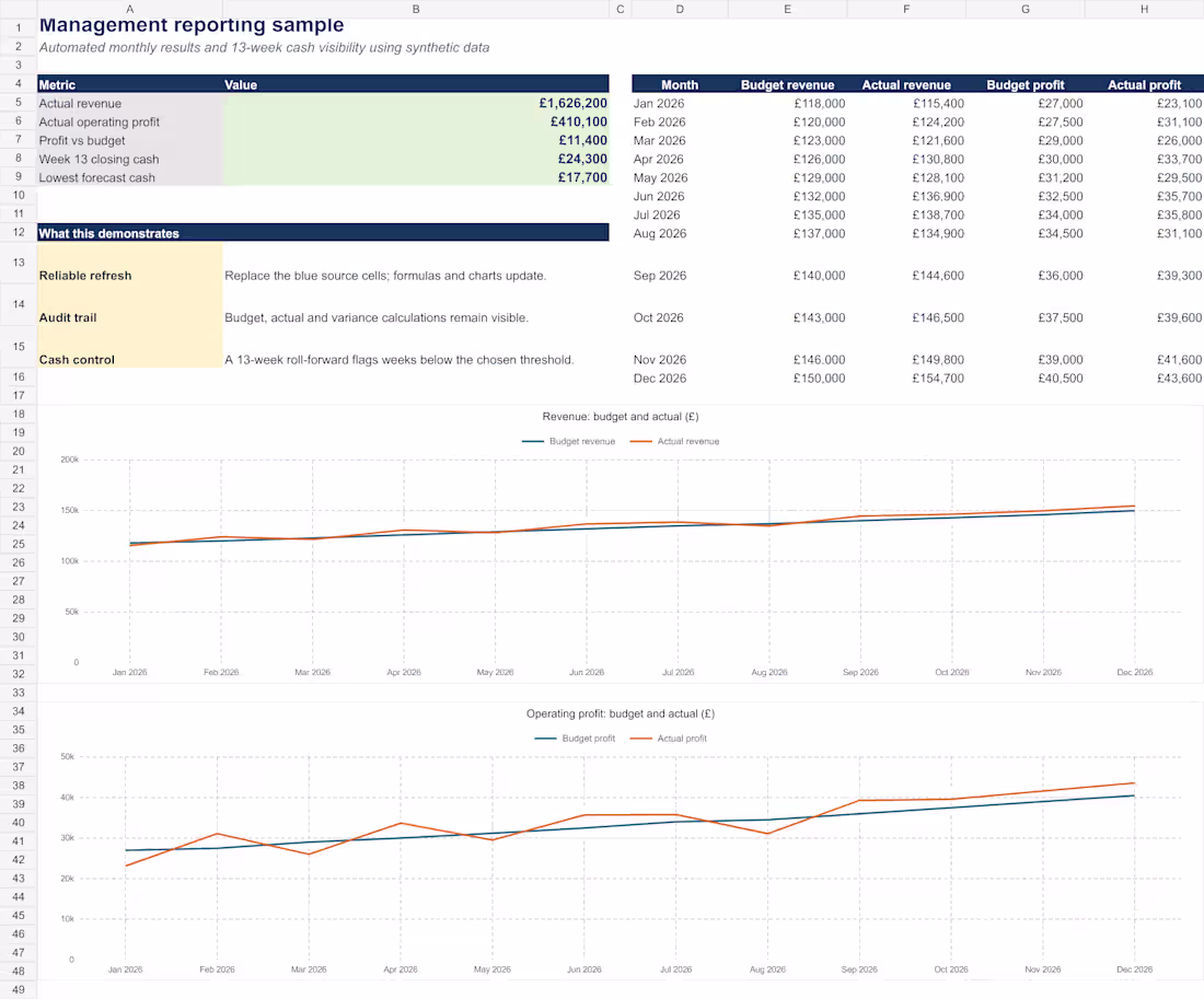Cover image for Management Reporting & 13-Week Cash Flow — Fictional Sample