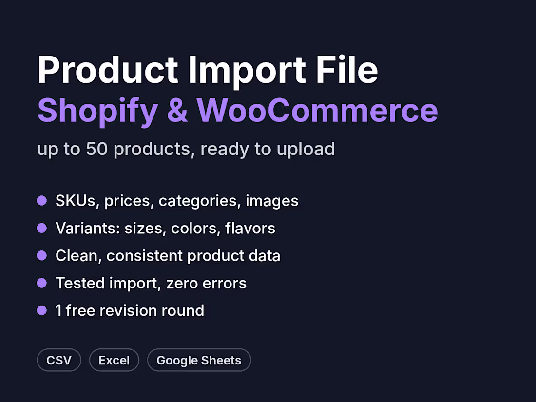 Cover image for Shopify or WooCommerce Product Import File, up to 50 SKUs