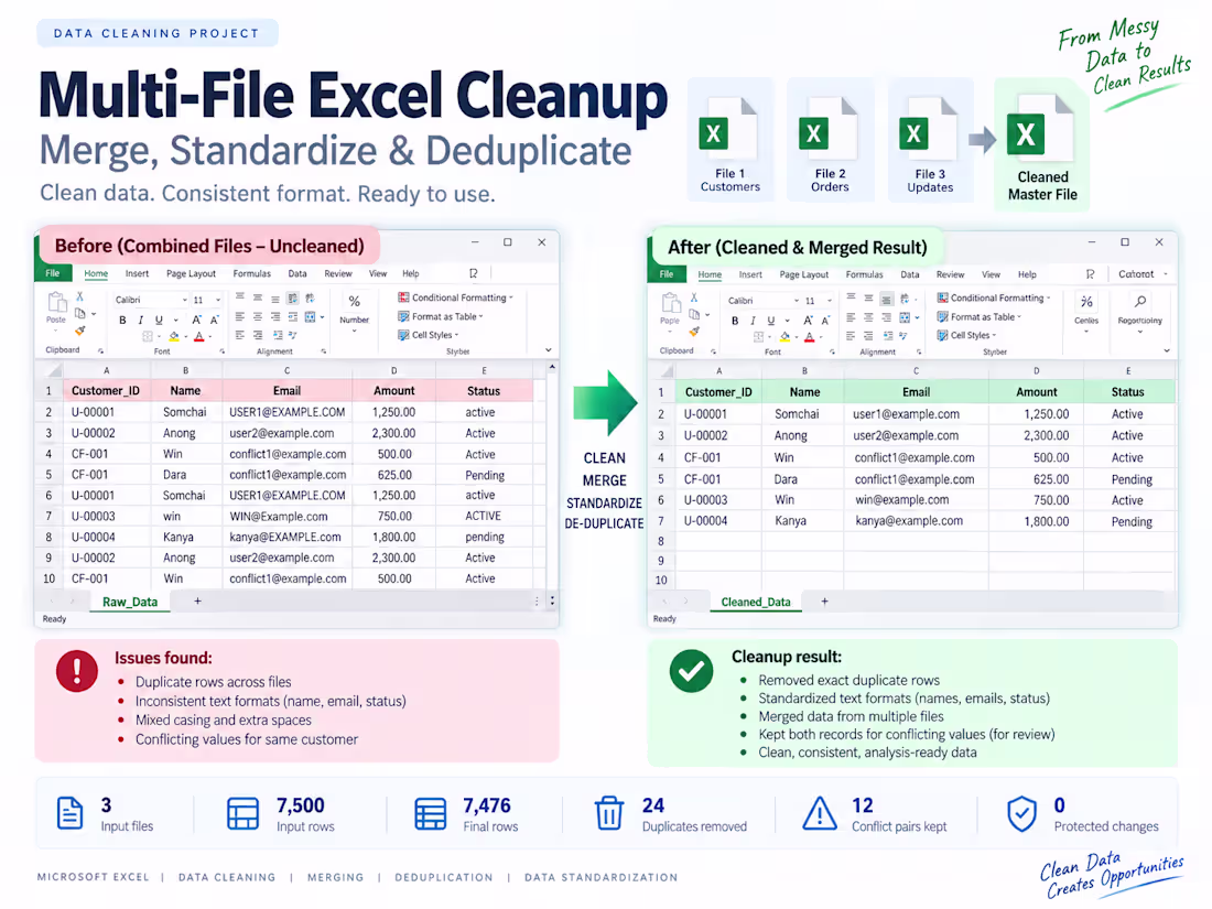 Cover image for Multi-File Excel Cleanup & Duplicate Handling