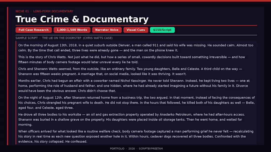 Cover image for Long-form True Crime documentary script