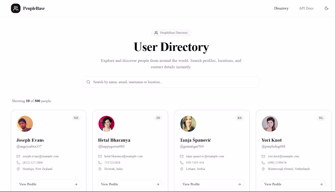 Cover image for PeopleBase — Modern User Directory
Built