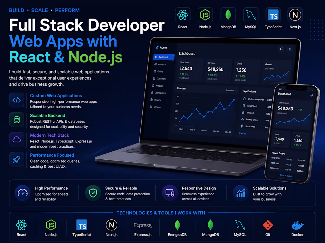 Cover image for Full Stack Developer | Web Apps with React & Node.js
