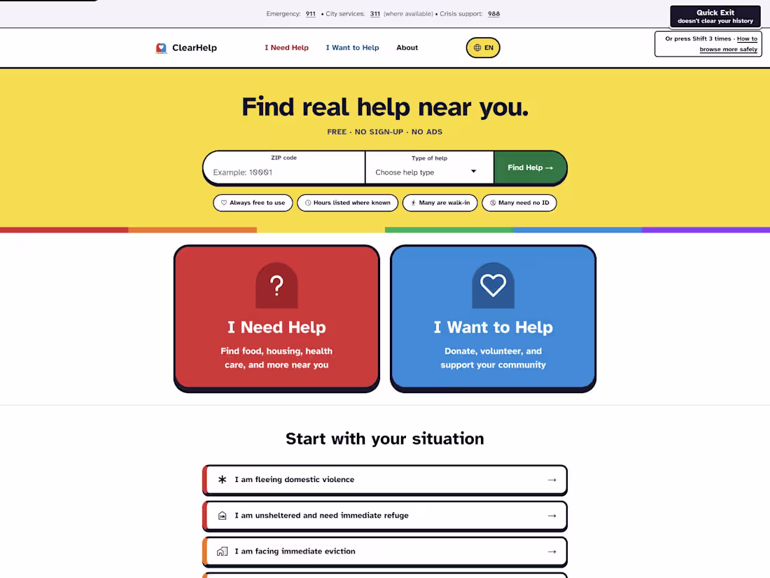 Cover image for ClearHelp — find local resources by ZIP code and need