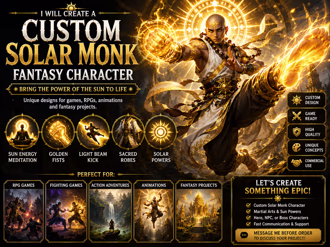 Cover image for I Will Create a Custom Solar Monk Fantasy Character for Games