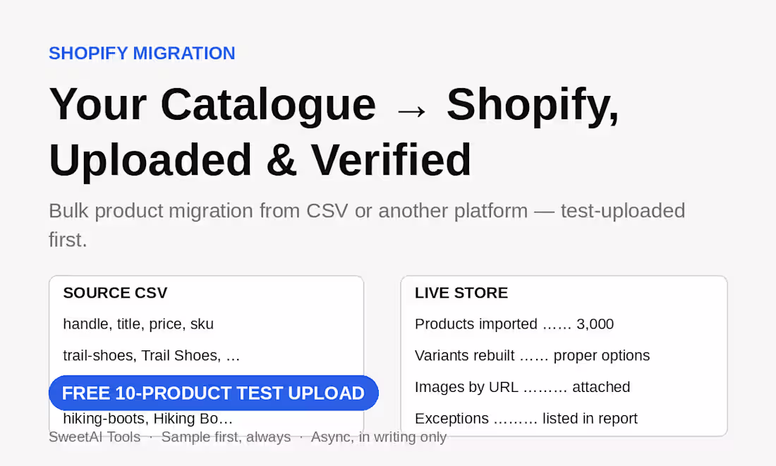 Cover image for Shopify Product Migration & Bulk Upload