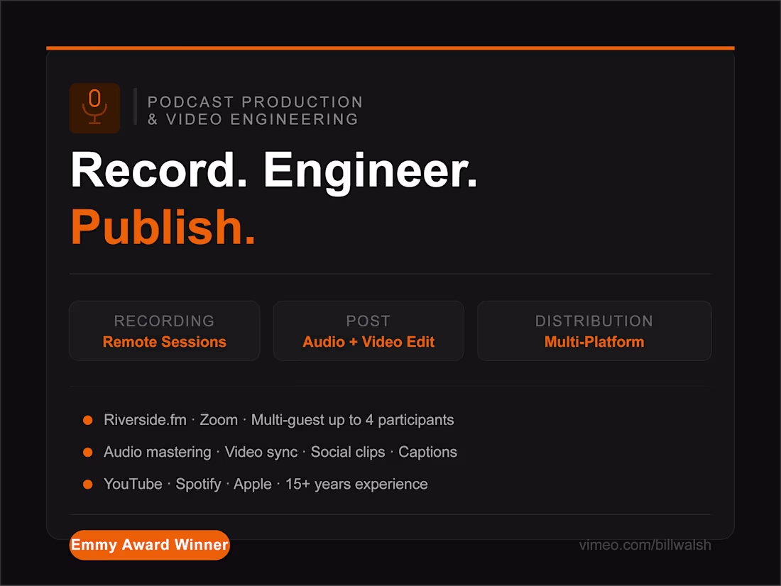 Cover image for Podcast Production, Editing & Video Engineering