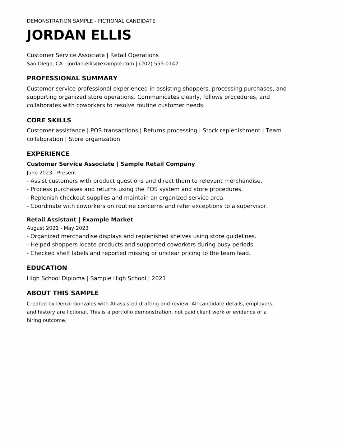 Cover image for Retail & Customer Service Resume — Fictional Sample