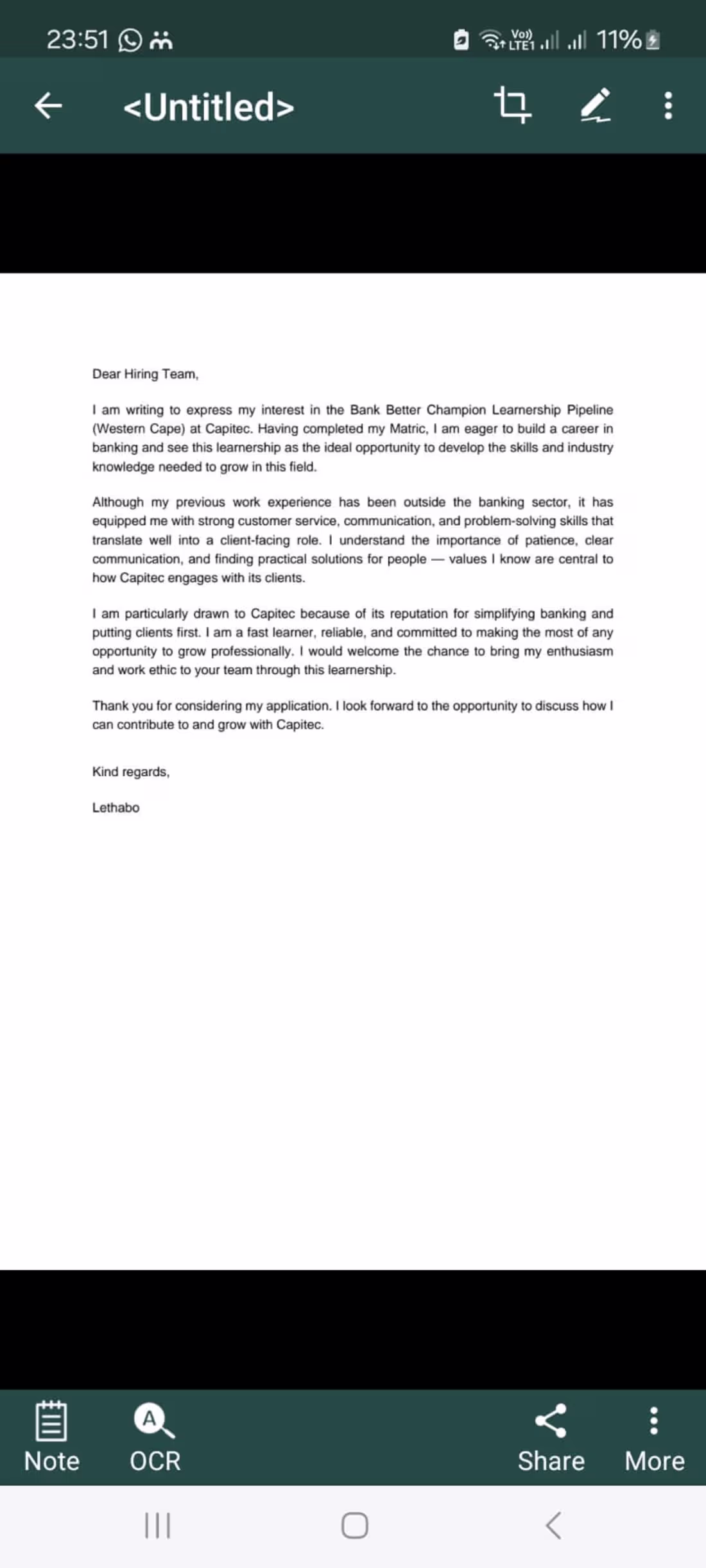 Cover image for Professional Cover Letter Writings-Capitec Learnership
I