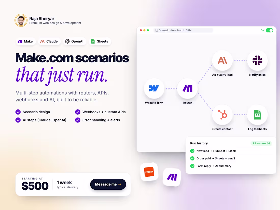 Cover image for Make.com Automation Expert: Scenarios, APIs & AI Agents