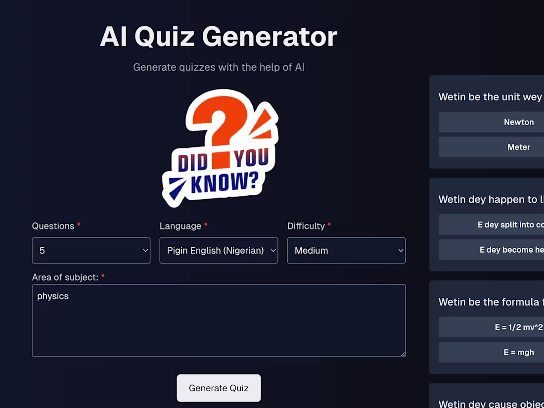 Cover image for AI Quiz Generator