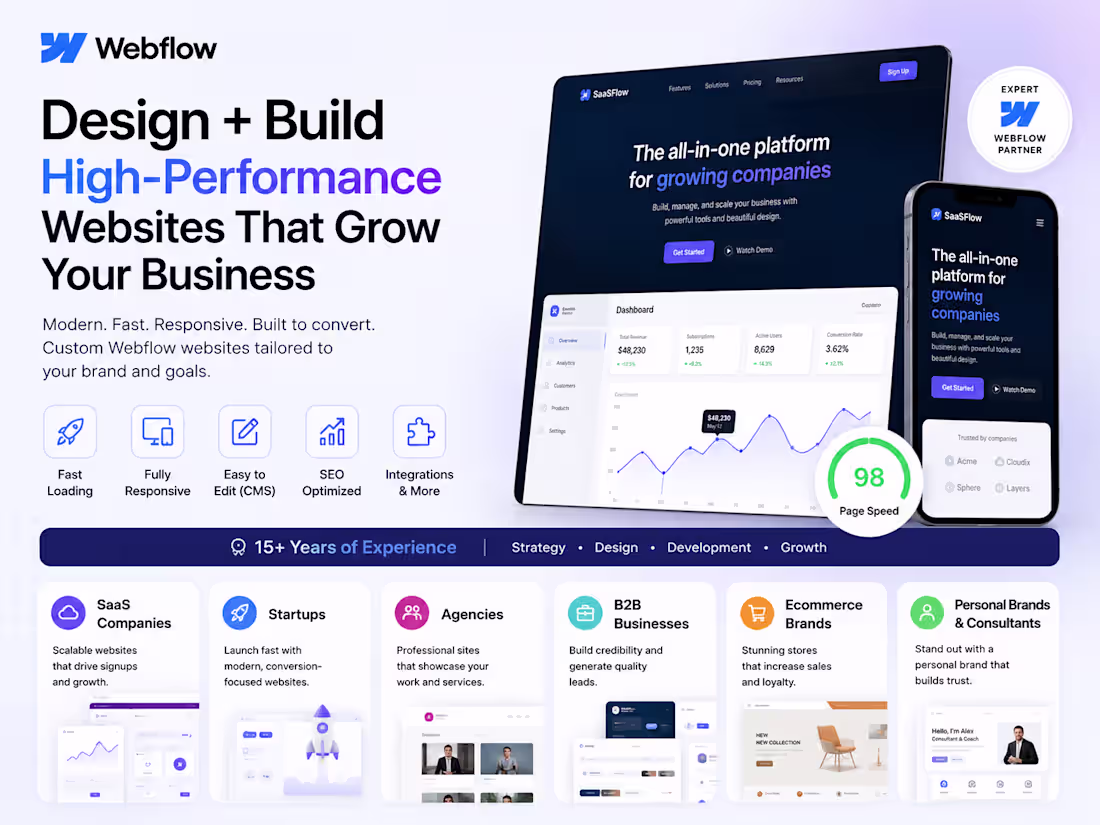 Cover image for Webflow Design + Build for SaaS, Startups & Growing Brands