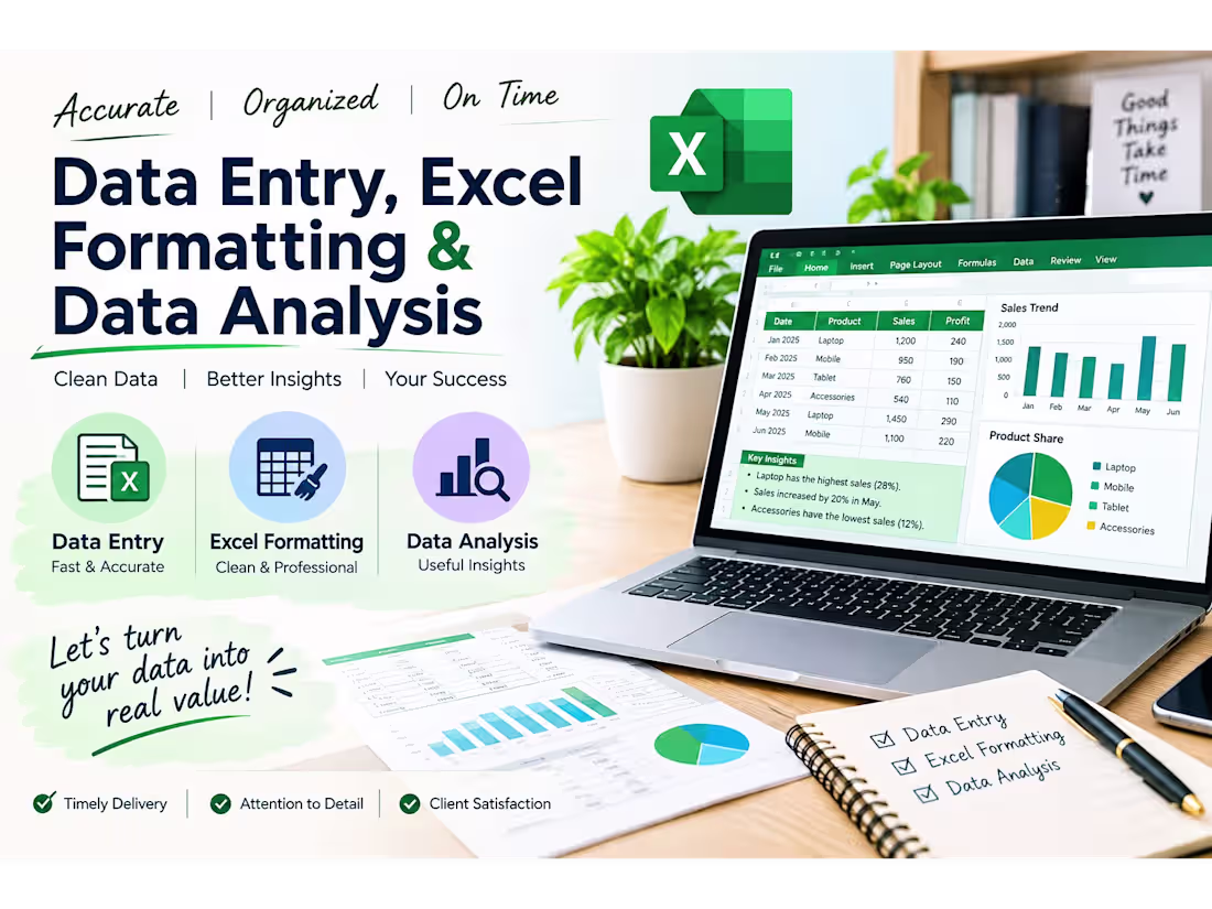 Cover image for Data Entry, Excel Formatting & Data Analysis