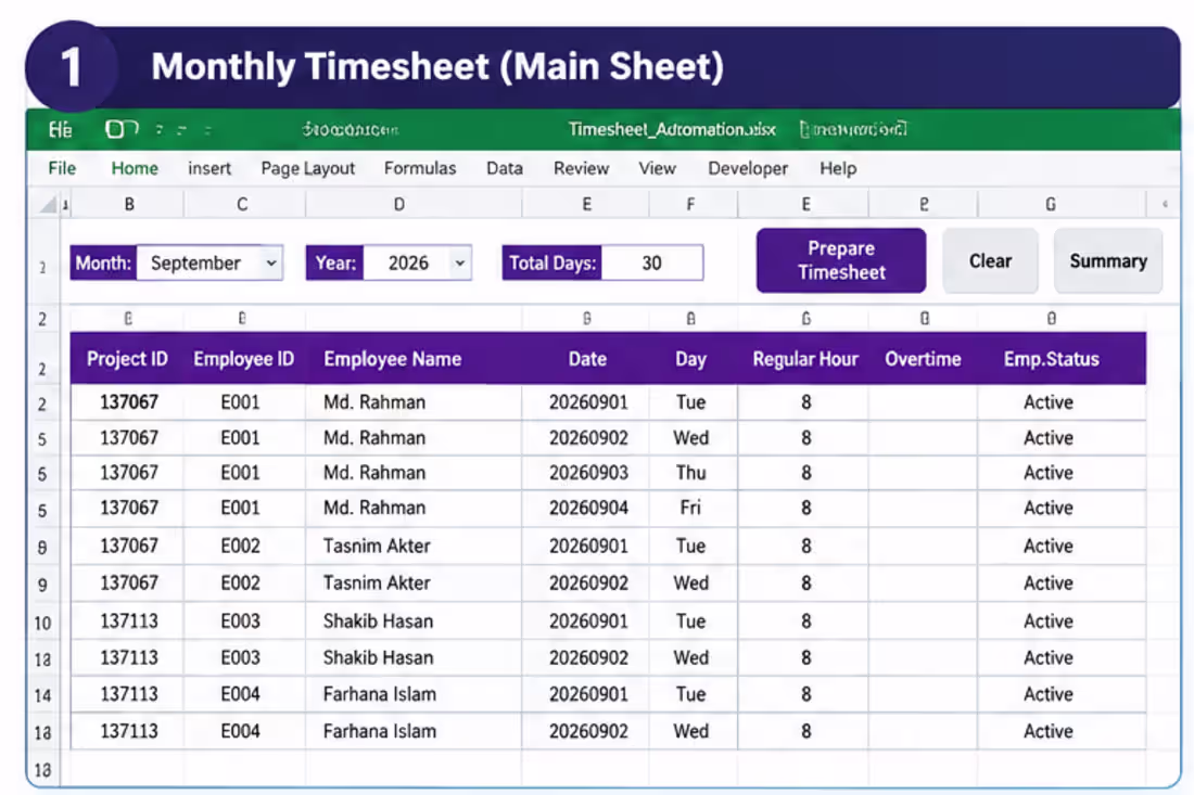 Cover image for Excel VBA Timesheet Automation
I developed